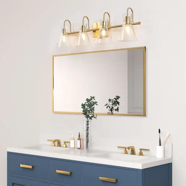 Liniya 4-light Modern Large Size 29'' Bathroom Vanity Light Brass Gold with Horn Seeded Glass