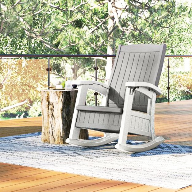 Suncast Outdoor Lightweight Portable Rocking Chair W 7 Gallon In seat Storage Porch Patio Deck Furniture 375 Pound Capacity Dove Gray