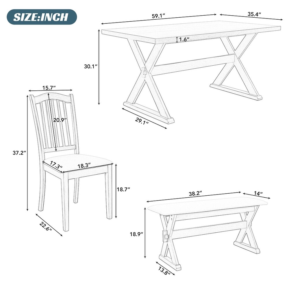 Rectangular 6 Piece Wood Dining Table Set 6 Person Dining Set with X Cross Legs and Bench Seating for Dining Room