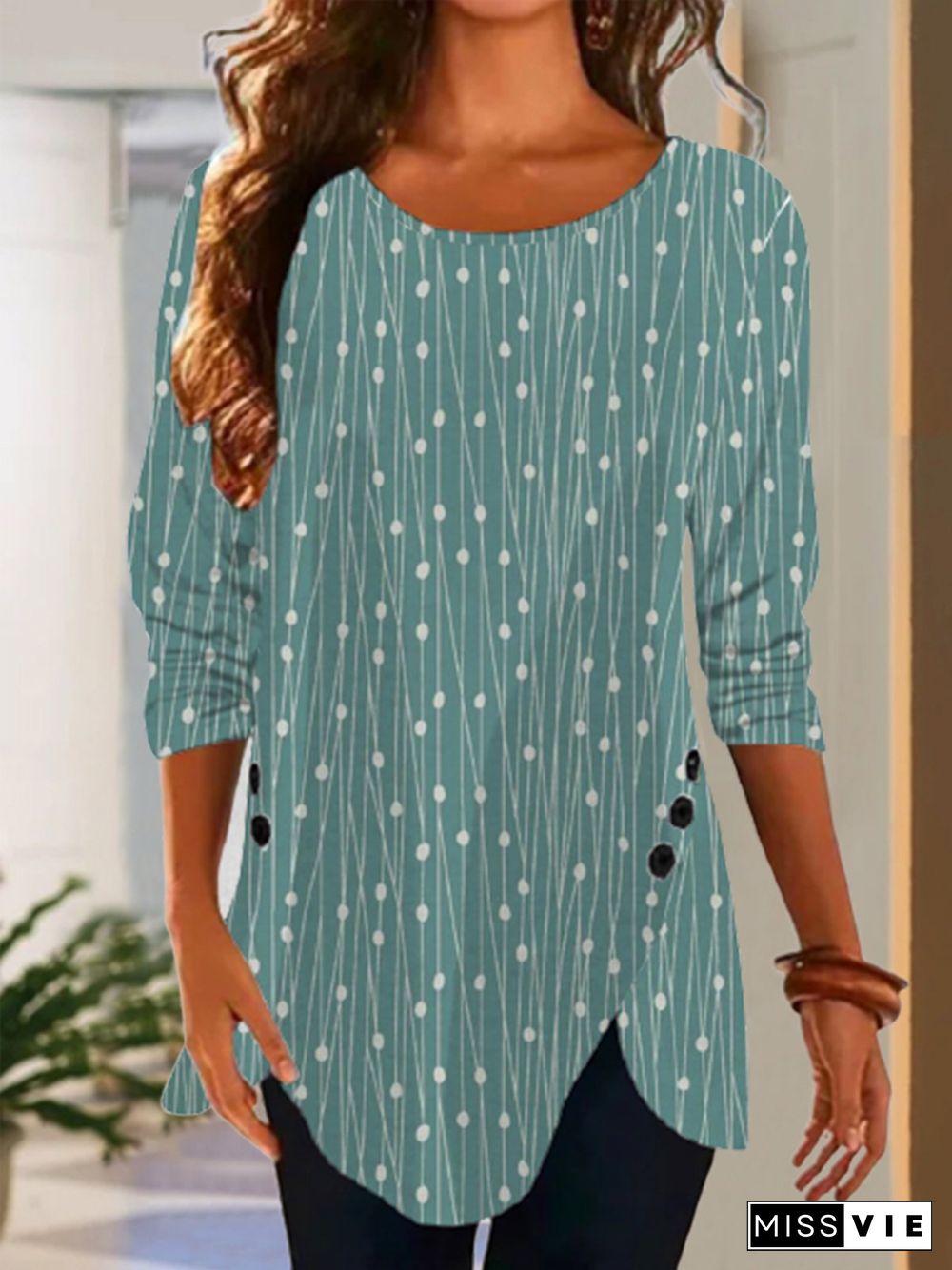 Casual Geometric Long Sleeve Crew Neck Printed Tunic Tops T-shirts