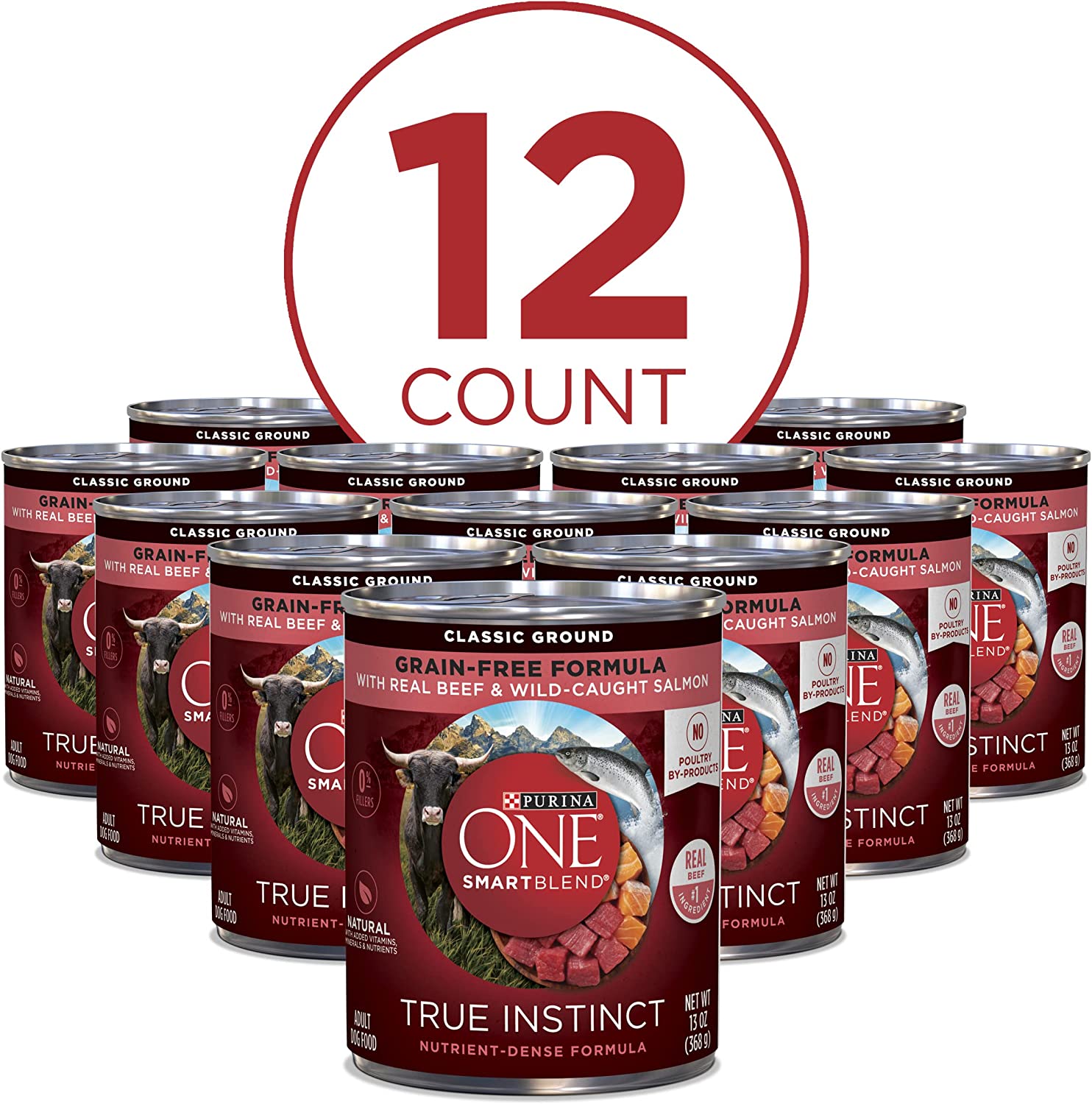 Purina ONE Grain Free， Natural Pate Wet Dog Food， SmartBlend True Instinct With Beef and Wild Caught Salmon - (12) 13 oz. Cans