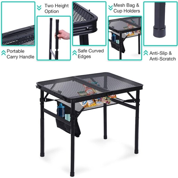 Grill Table，Outdoor Table，Card Table，Portable Grill Table，Adjustable Heights Camping Table with Mesh Bag and Cup Holders