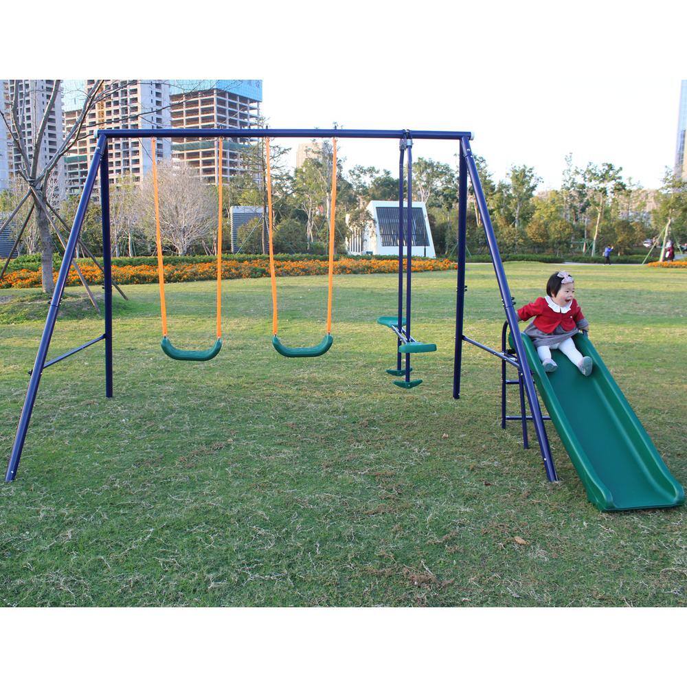 Metal Outdoor Swing Set with 2 Swing Seats 1 Glider 1 Slide LN20232280