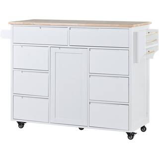 White Rubber Wood Countertop 53.1 in. W Kitchen Island on 5-Wheels with 8-Handle-Free Drawers and Flatware Organizer EC-SK000002AAW