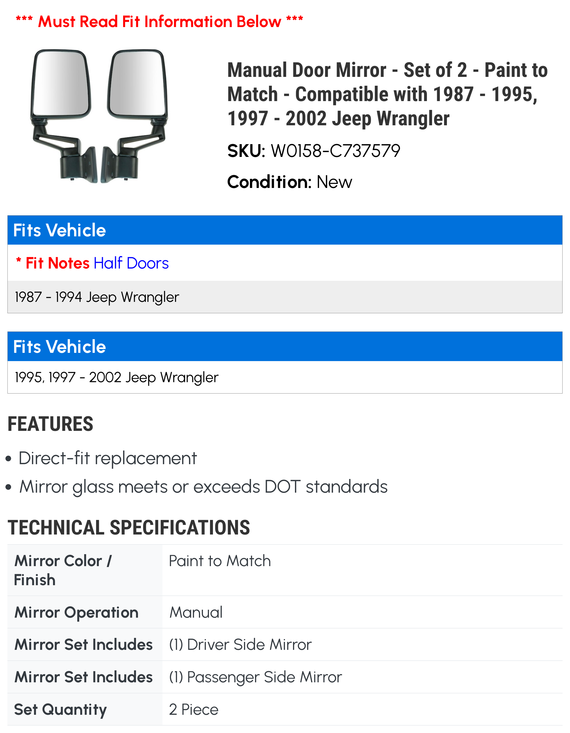 Manual Door Mirror - Set of 2 - Paint to Match - Compatible with 1987 - 1995， 1997 - 2002 Jeep Wrangler 1988 1989 1990 1991 1992 1993 1994 1998 1999 2000 2001