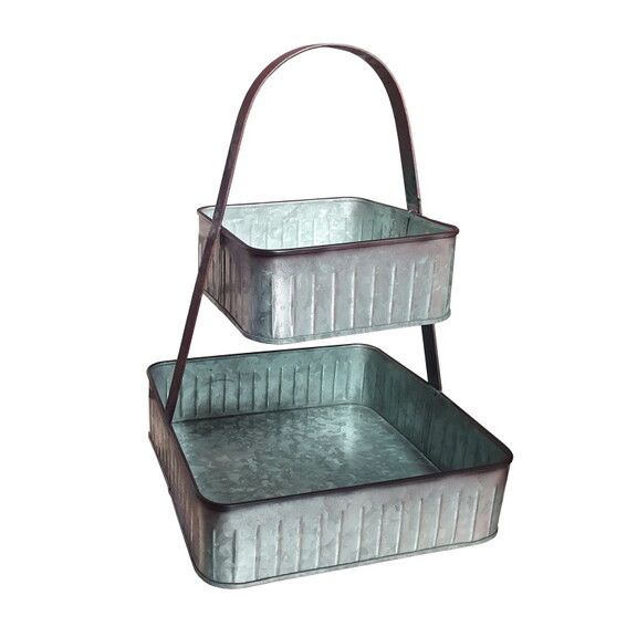 2 Tier Square Galvanized Metal Corrugated Tray wit...