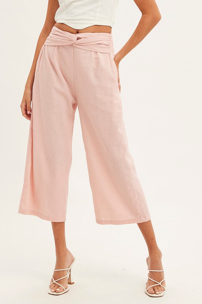 Pink Twist Front Textured Cotton Pant