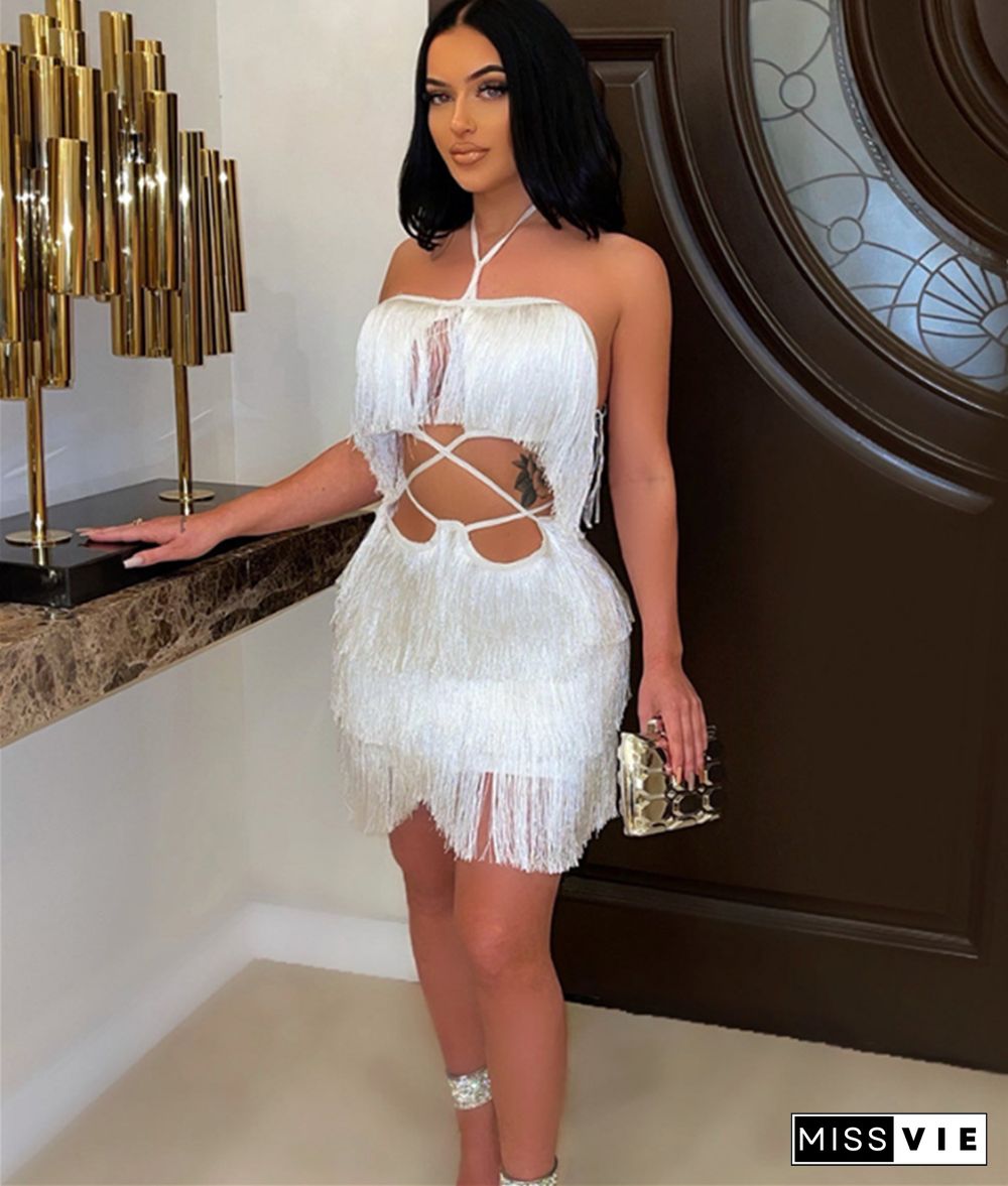 Sexy Hollow Out Halter Bandage Tassel Party Dress