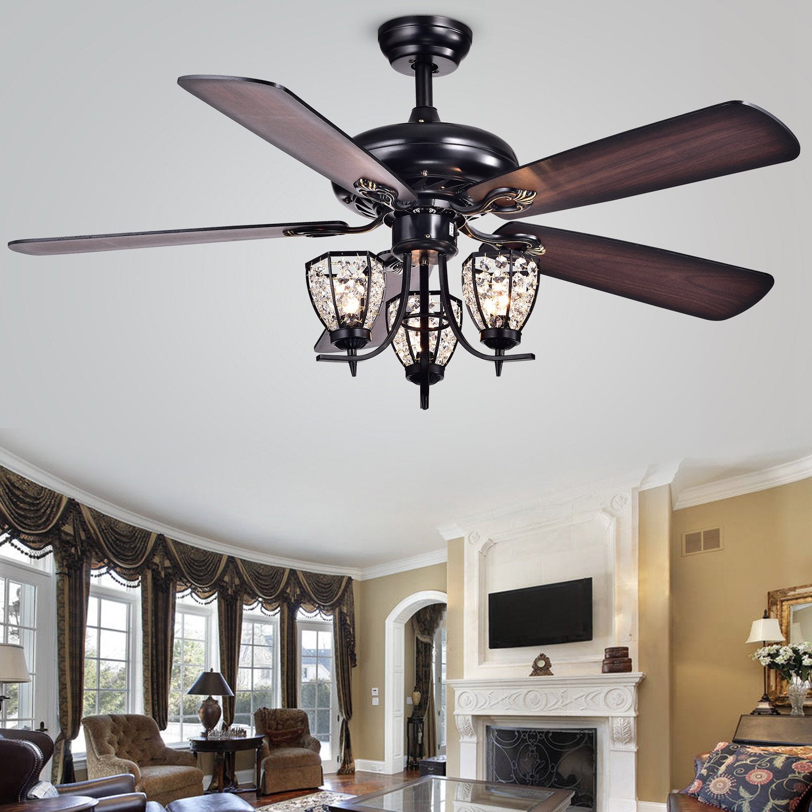 Mirabelle 3-light 5-blade 52-inch Black Metal and Crystal Lighted Ceiling Fan with Remote