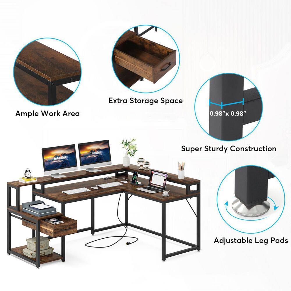 TRIBESIGNS WAY TO ORIGIN Perry 68 in. L Shaped Brown Wood 1-Drawer Computer Desk with Power Outlets and Monitor Stand C-G073