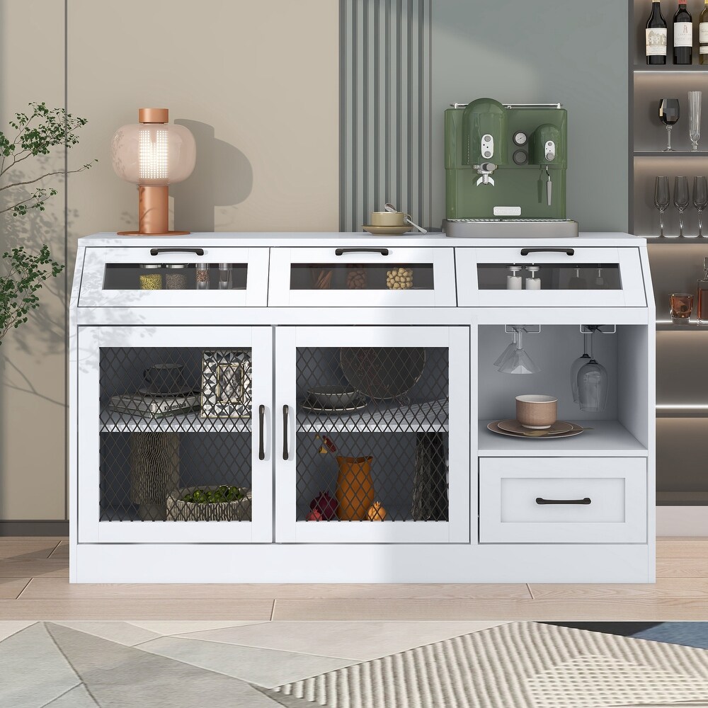 Kitchen Sideboard Multifunctional Buffet Cabinet with Drawers  Mesh Metal Doors and Wineglass Holders