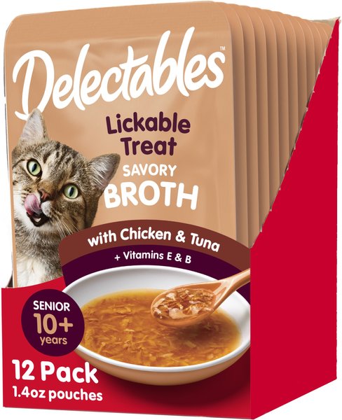 Hartz Delectables Savory Broths Senior 10+ Chicken and Tuna Grain-Free Lickable Cat Treats， 1.4-oz pouch， pack of 12