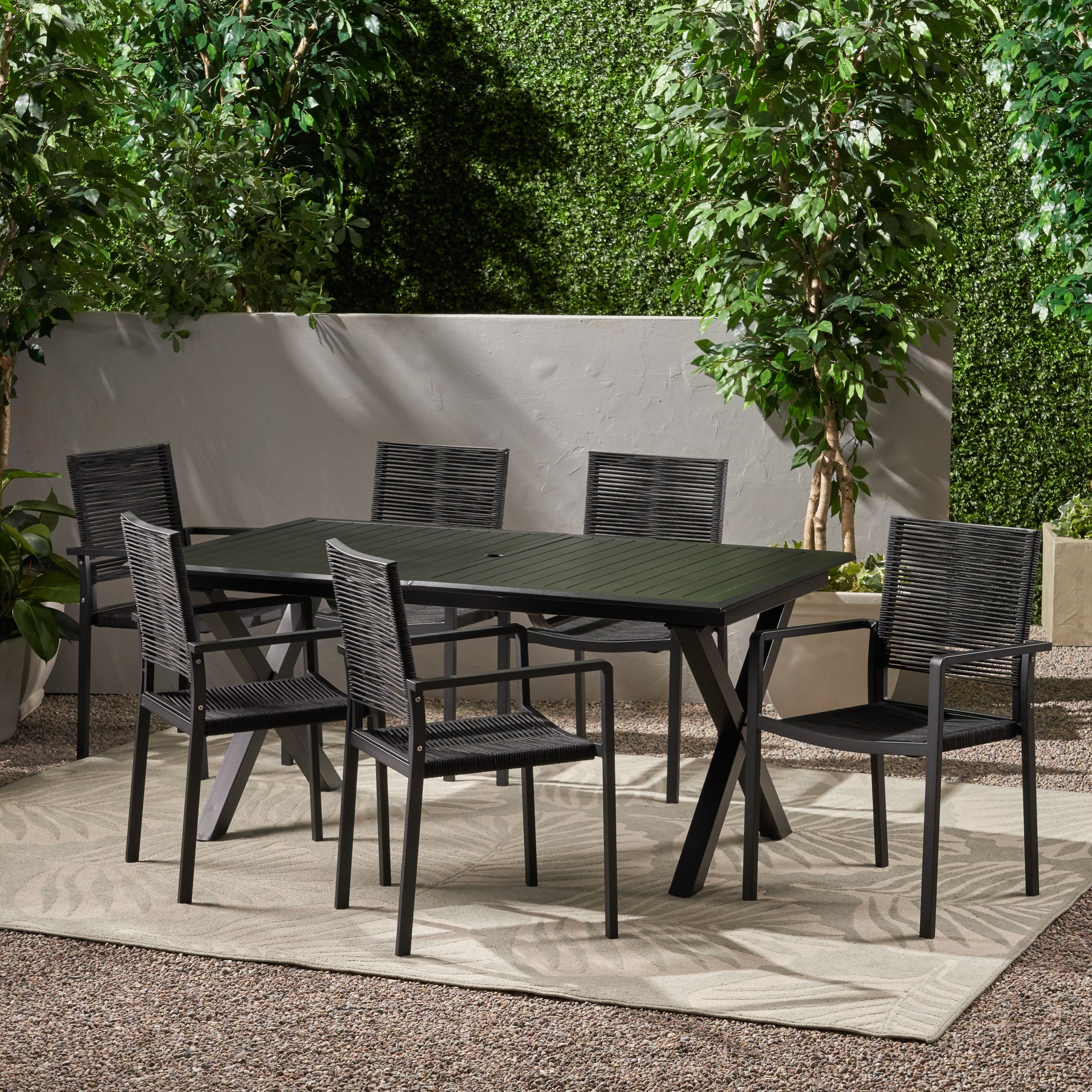 Layni Outdoor Modern 6 Seater Aluminum Dining Set with Expandable Table