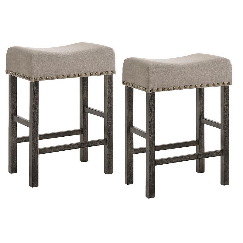 Wooden Counter Height Stool with Linen Upholstered Saddle Seat， Set of 2， Beige and Gray