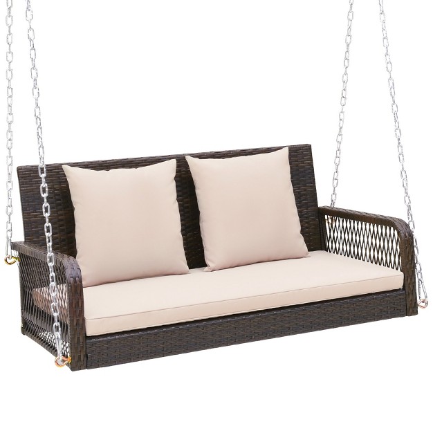 Tangkula Wicker Outdoor Porch Swing 800 Lbs Capacity Outdoor Swing Bench W Hanging Chains