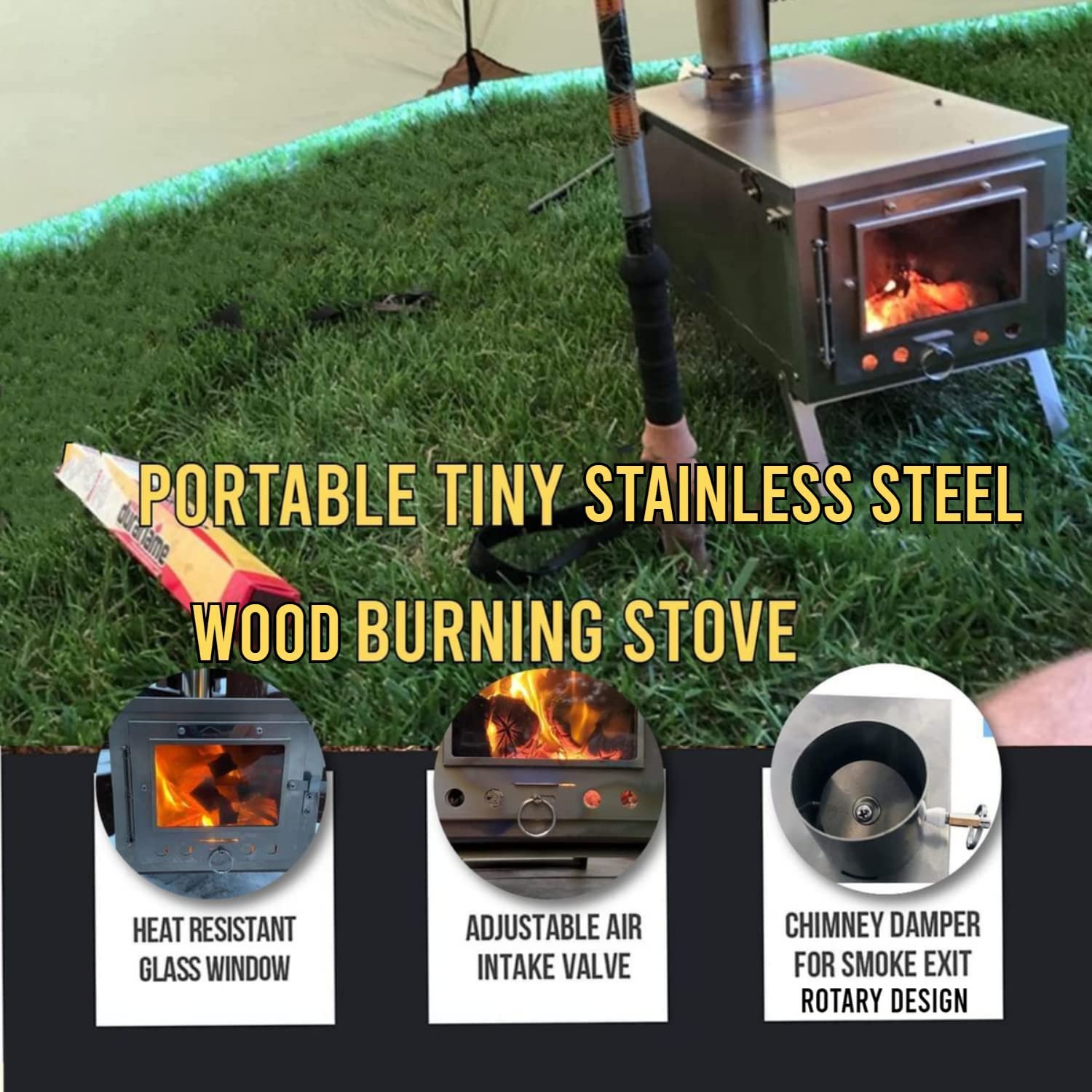 DANCHEL S6 Stainless Steel Portable Tent Stove Folding Wood Stoves with 7.2ft Pipe for Outdoor Camping Cooking Warming