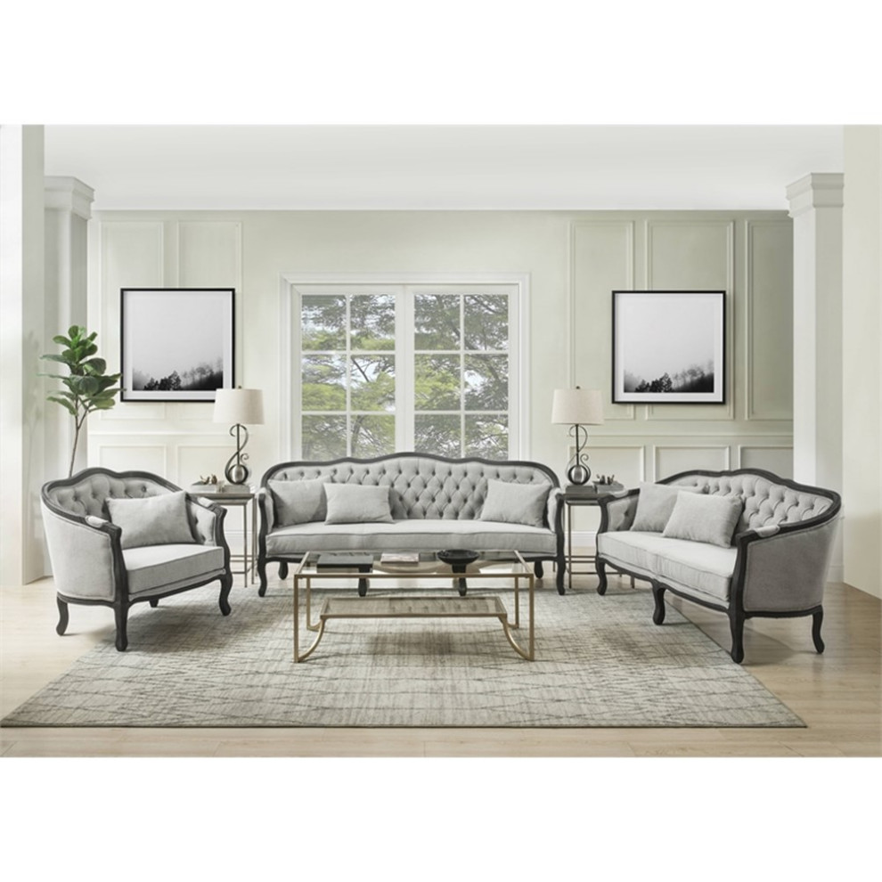 ACME Samael Linen Loveseat with Wooden Leg and 2 Pillows in Gray and Dark Brown   Traditional   Loveseats   by Homesquare  Houzz