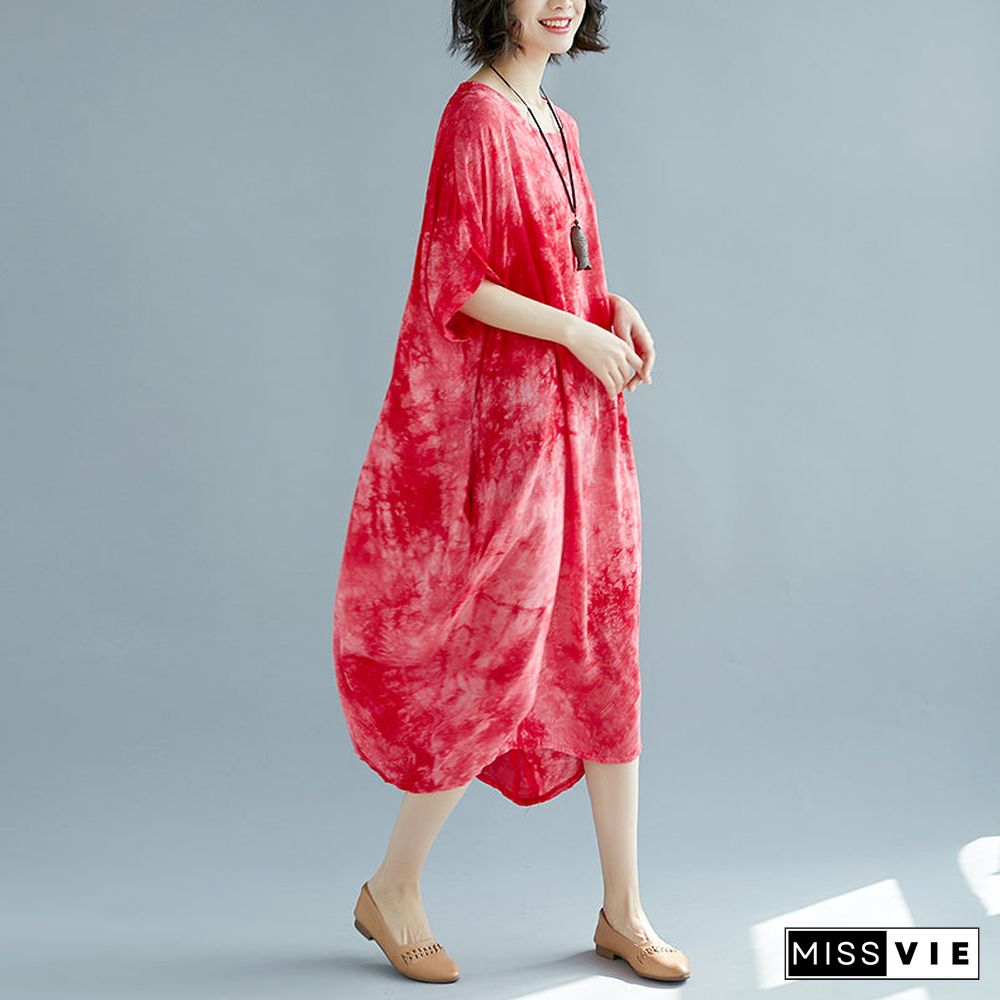 baggy red linen dresses oversize O neck floral linen gown Elegant short sleeve baggy dresses linen caftans