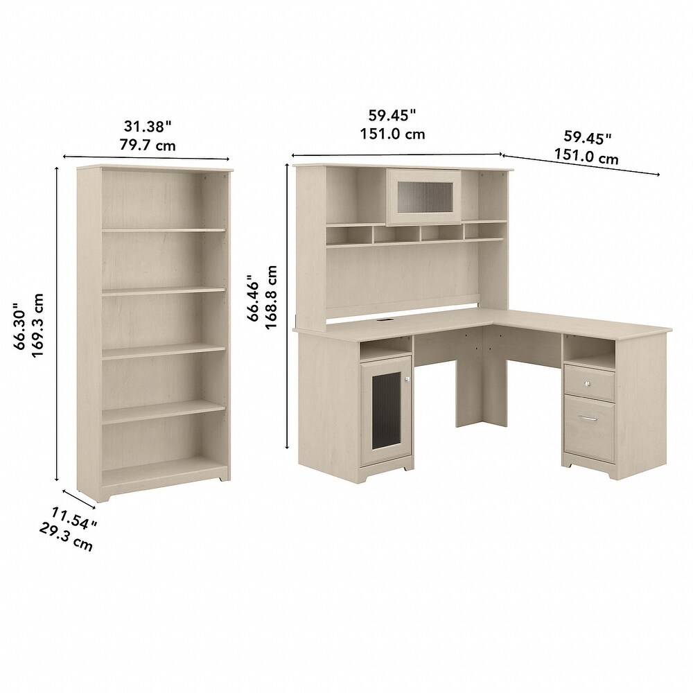 Cabot 60W L Desk with Hutch and 5 Shelf Bookcase by Bush Furniture