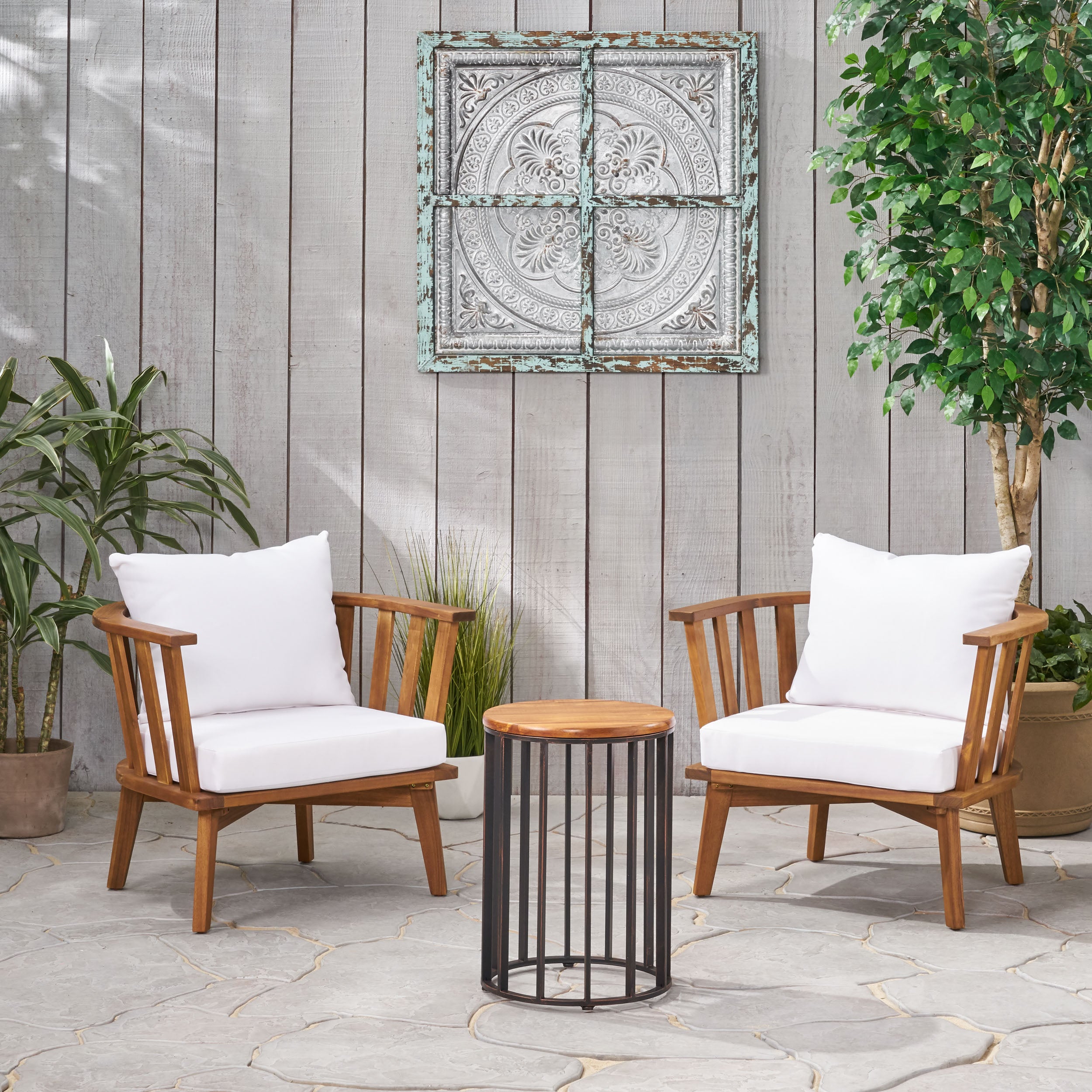 Heloise Outdoor Acacia Wood 2 Seater Club Chairs and Side Table Set