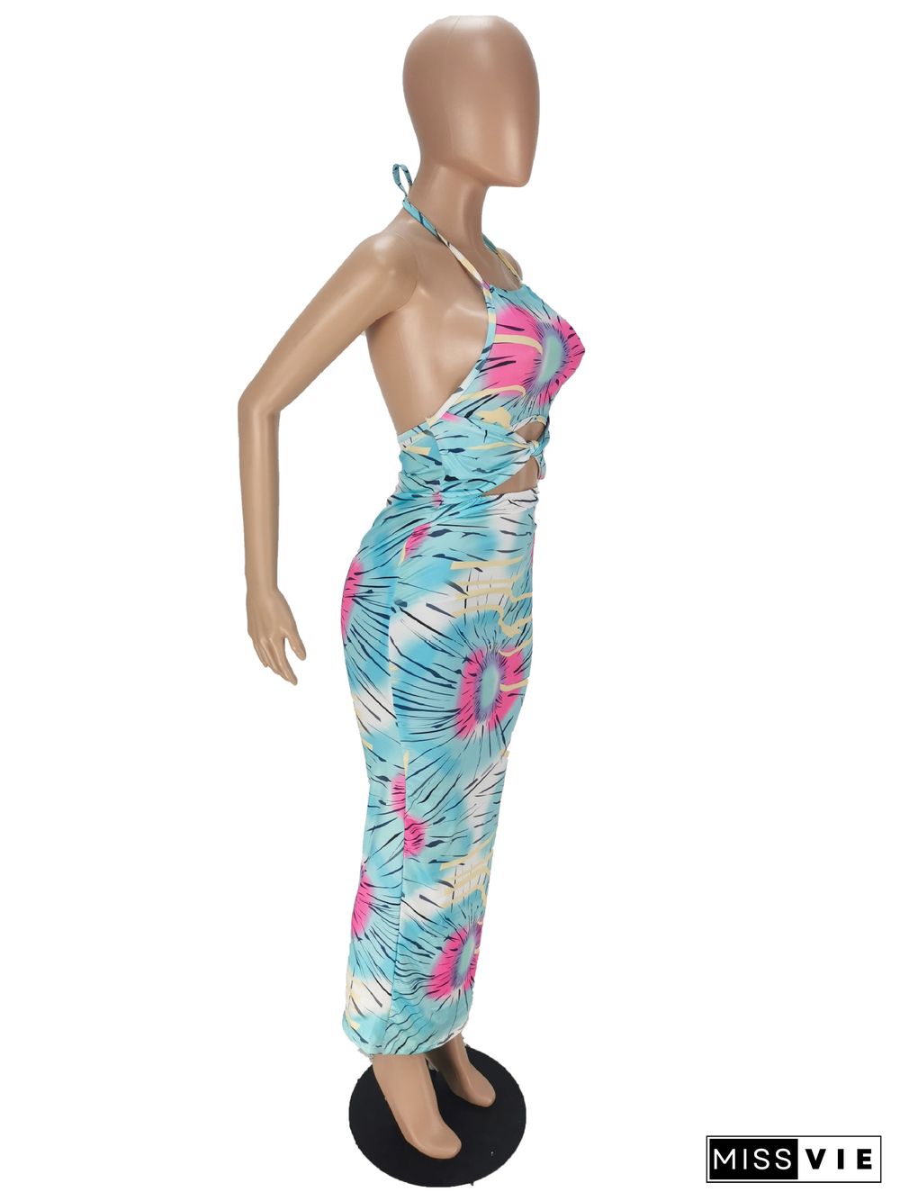 Cut Out Print Halter Backless Skinny Maxi Dresses