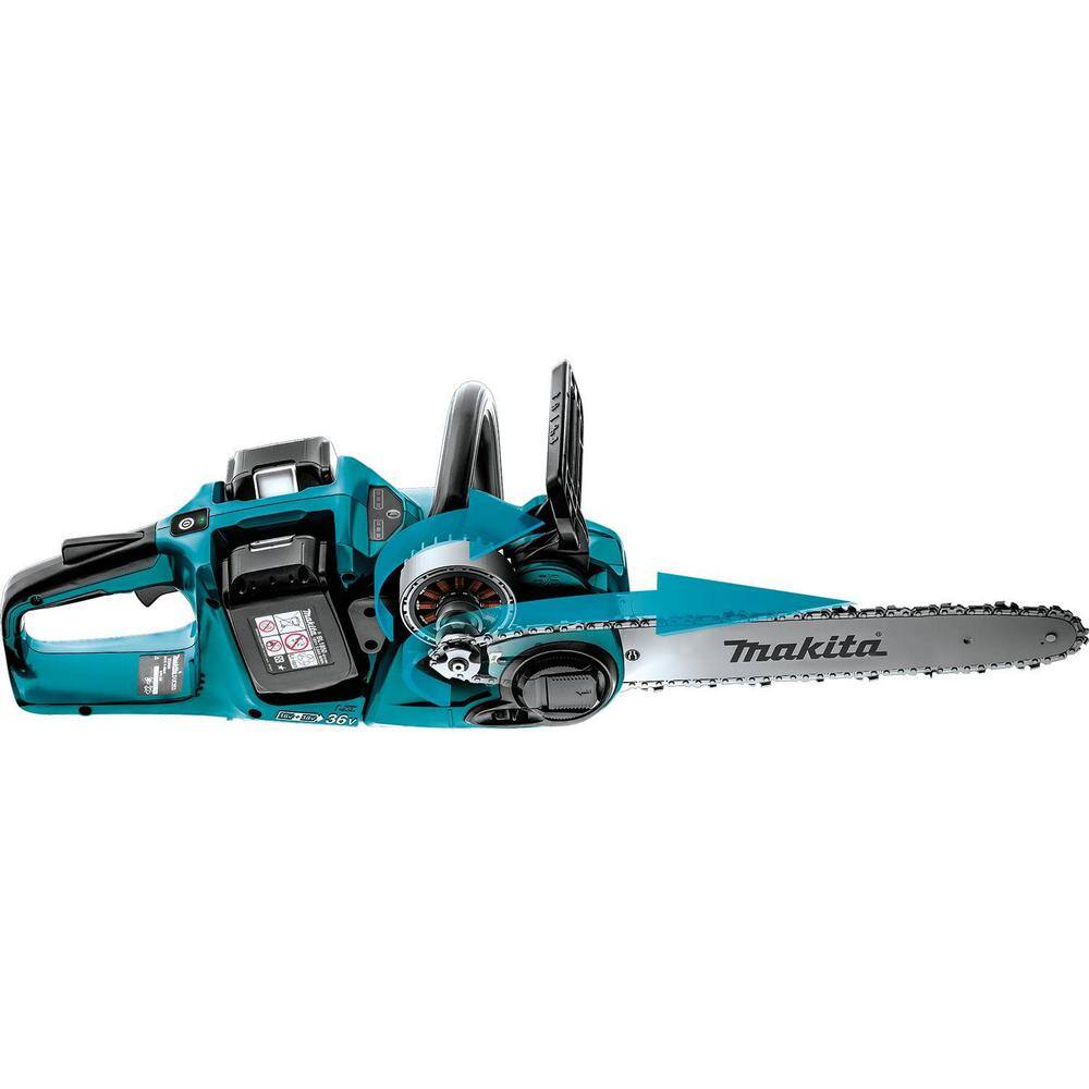 Makita LXT 14 in. 18V X2 (36V) Brushless Electric Battery Chainsaw Kit (5.0Ah) with bonus 18V LXT 5.0 Ah (2-Pack) XCU07PT-BL18502