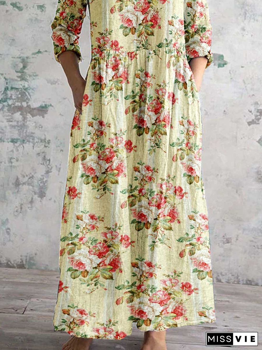 Women's Art Rose Floral V Neck Cotton and Linen Dress With Pockets