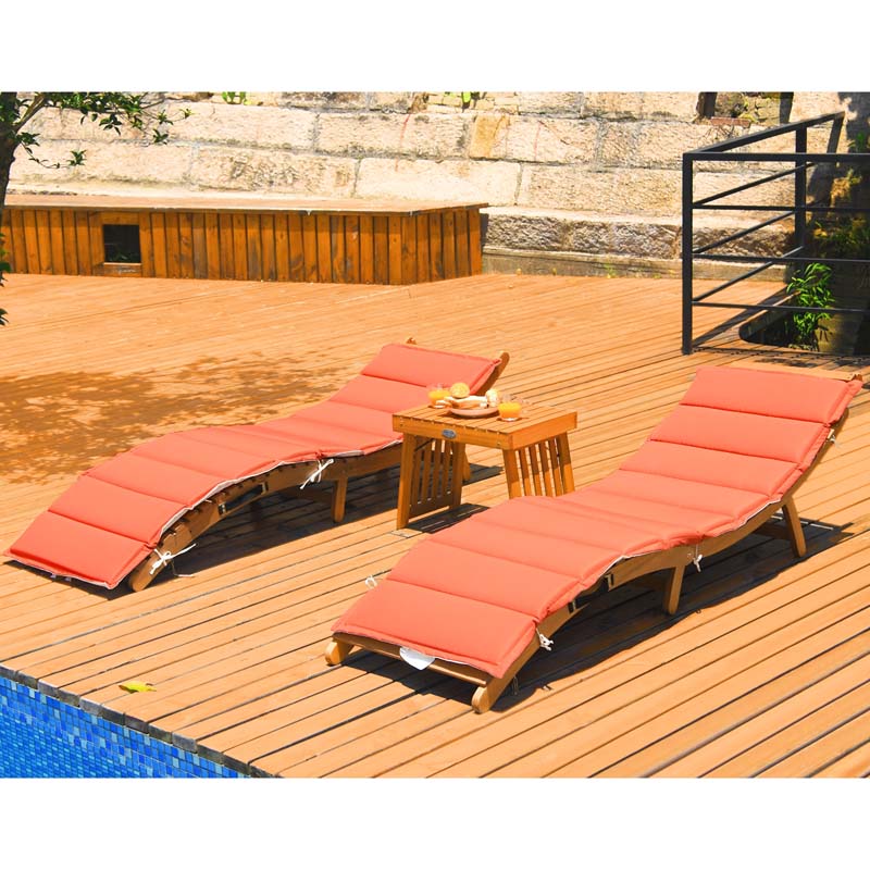 3 Pcs Wood Folding Patio Chaise Lounge Chair Set Double-Sided Cushioned Sun Pool Lounger with Side Table