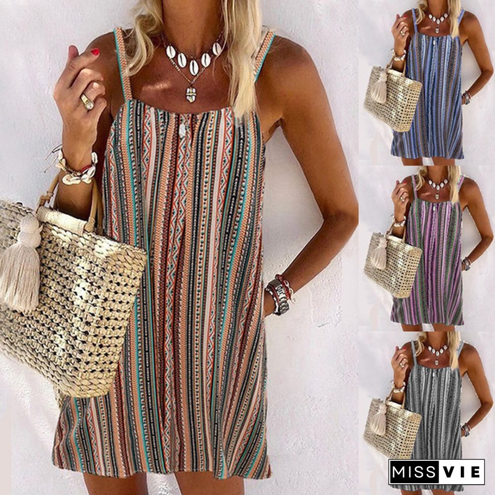 Summer Clothes Women's Fashion Plus Size Loose Casual Stripe Sleeveless Summer Dress Sling Dress Strap Dress Mini Dress