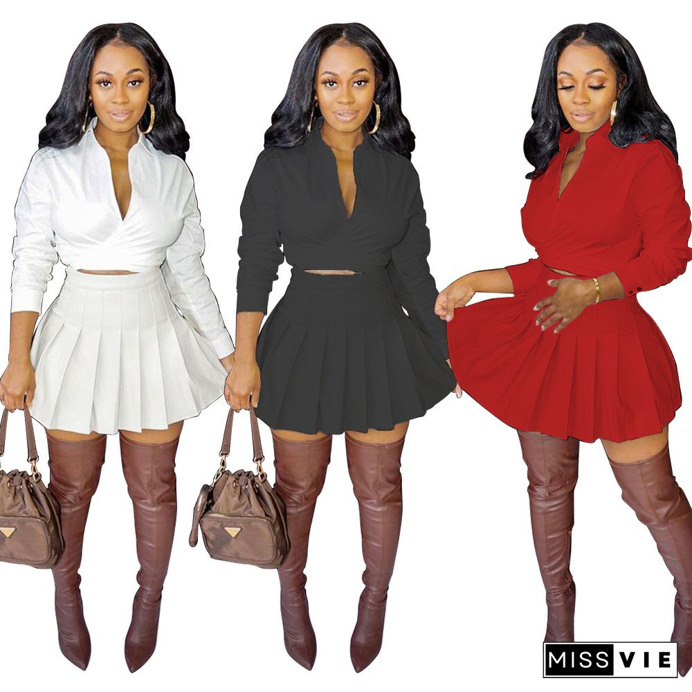 Deep V Long Sleeve Bandage Crop Tops Pleated Skirts Set