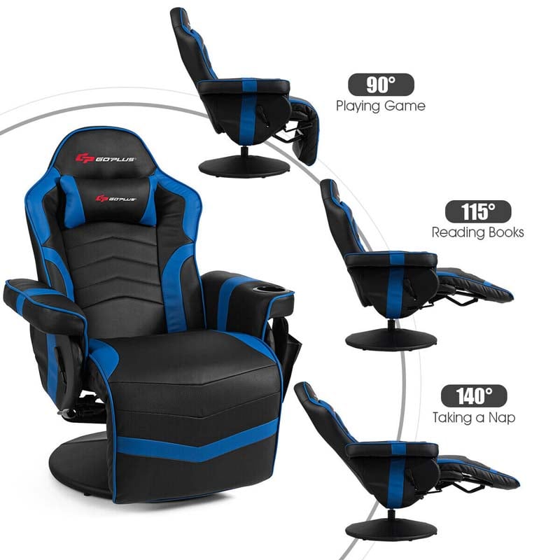 PU Leather Massage Gaming Chair, Ergonomic High Back Racing Style Gaming Recliner with Adjustable Backrest & Footrest, Cup Holder, Side Pouch