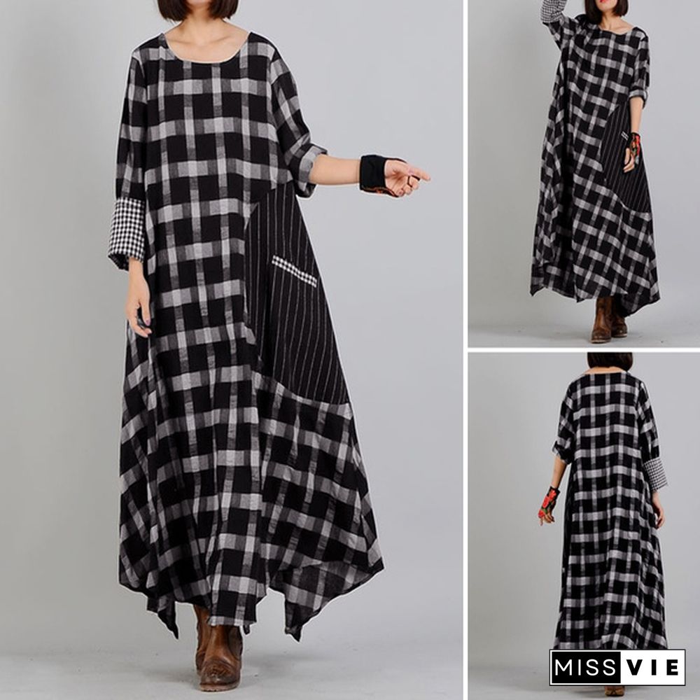 Zanzea Women Casual Loose Baggy Kaftan Maxi Dress Long Sleeve O Neck Check Plaid Dresses