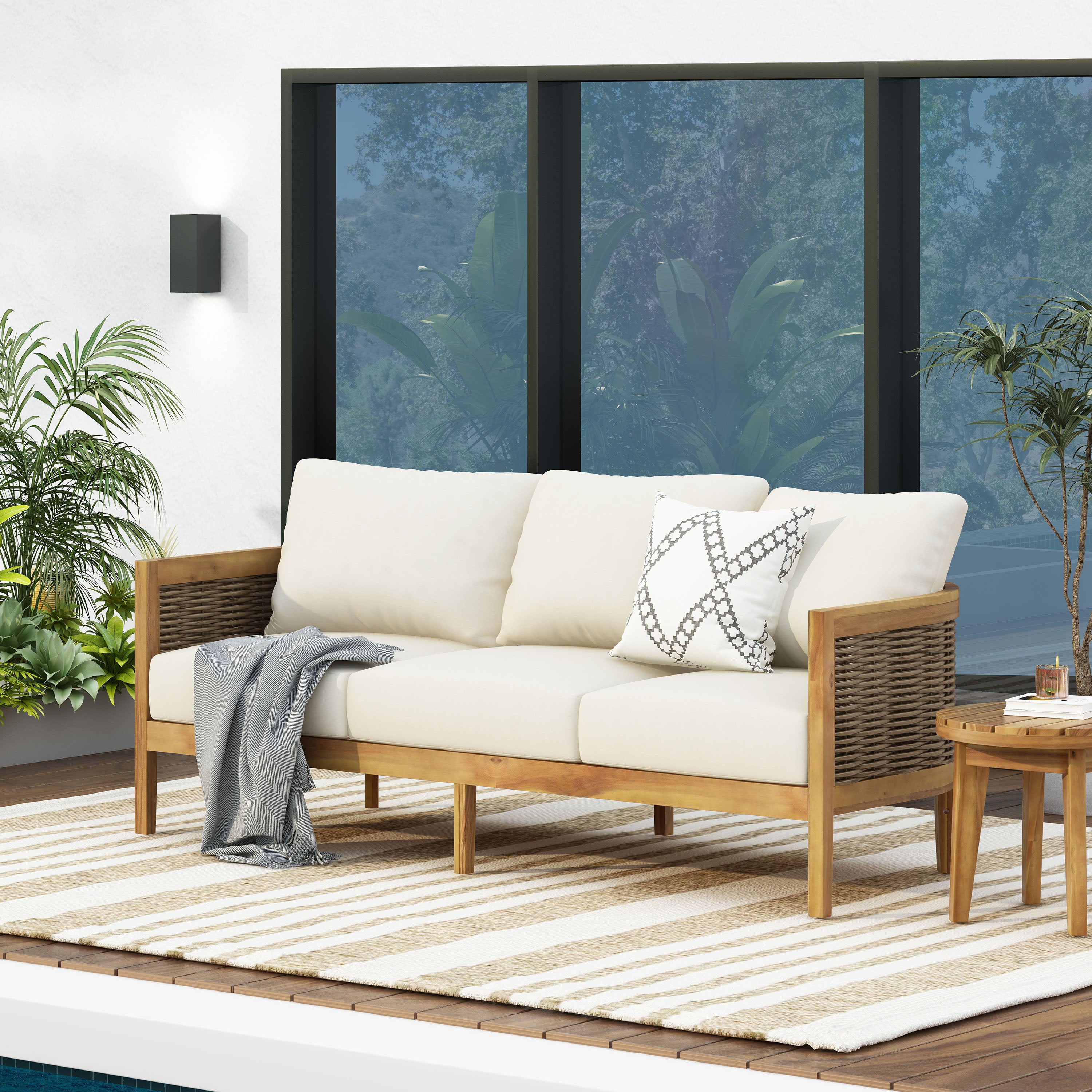 The Crowne Collection Outdoor Acacia Wood and Round Wicker 3 Seater Sofa with Cushions, Teak, Mixed Brown, and Beige