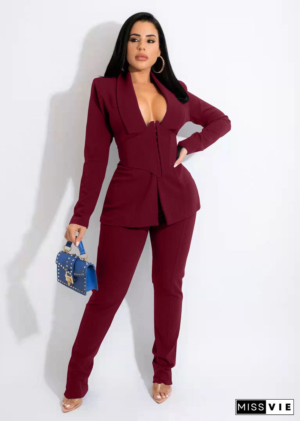 Solid Blazers with Girdle Corset and Pants Suit