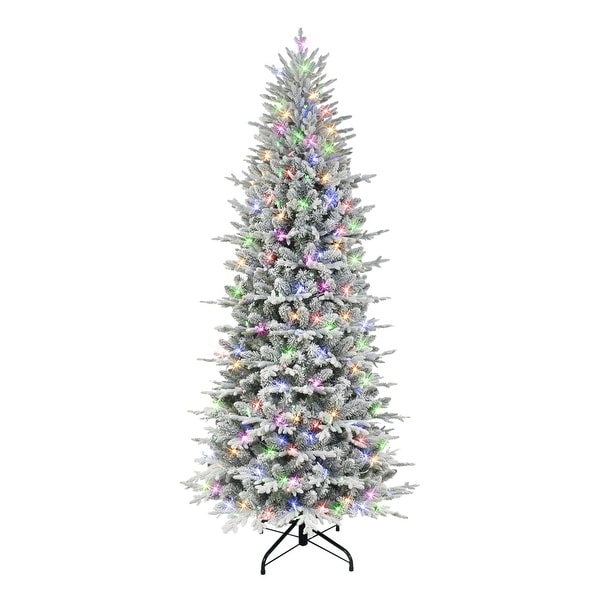 Puleo International 7.5 ft. Prelit Slim Flocked Northern Fir Artificial Christmas Tree