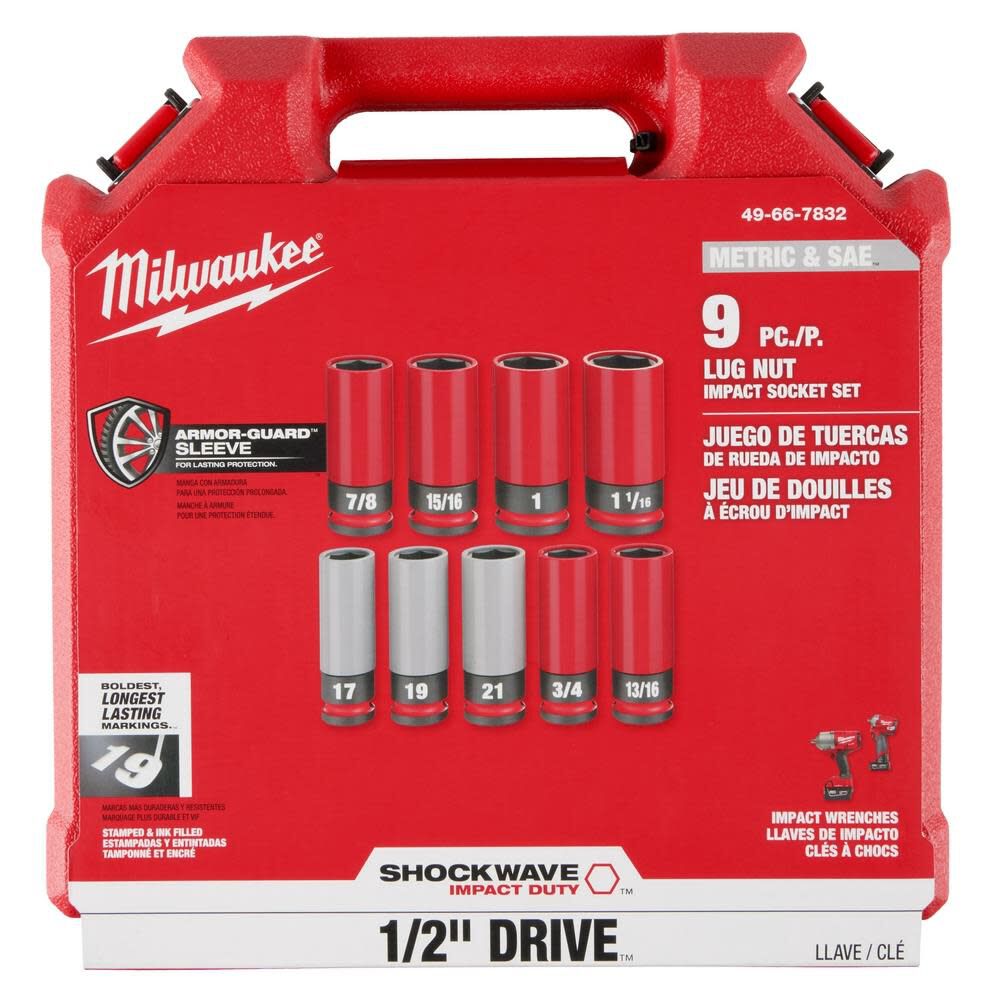 Milwaukee SHOCKWAVE Impact Duty Socket 1/2 Drive SAE and Metric 9PC Lug Nut Wheel Set 49-66-7832 from Milwaukee