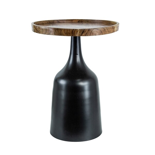 20， 17 Inch Side Table， Acacia Wood， Flared Pedestal Base， Aluminum， Black