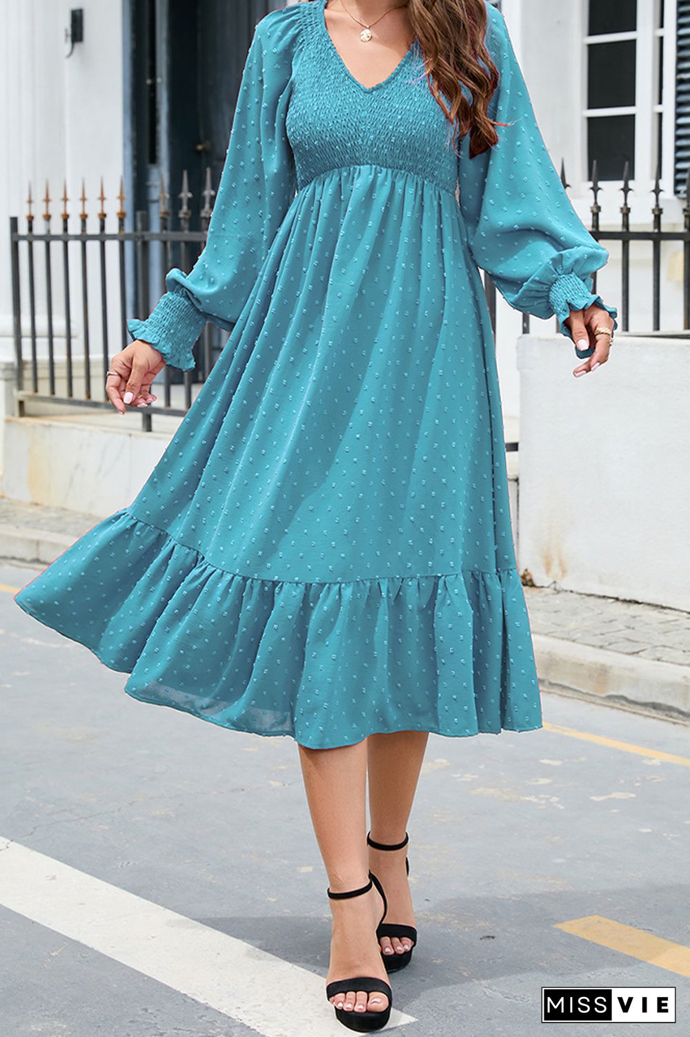 V Neck Smocked Swiss Dot Ruffles Midi Dress