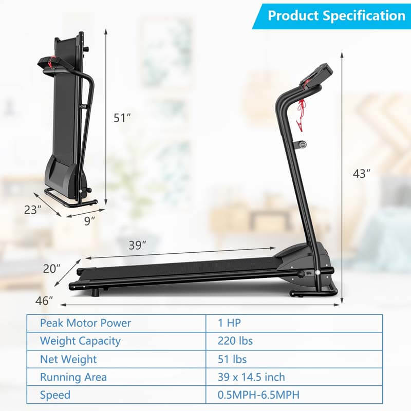 Folding Treadmill, 1HP Electric Motorized Portable Running Walking Machine for Home Office with LCD Monitor & Cup Holder