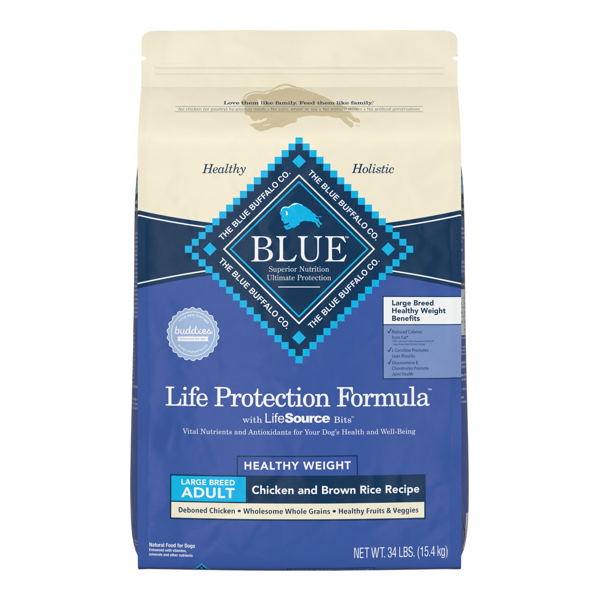 BLUE BUFFALO Blue Life Protection Natural Chicken and Brown Rice Healthy Weight Large Breed Adult Dry Dog Food， 34 lbs.