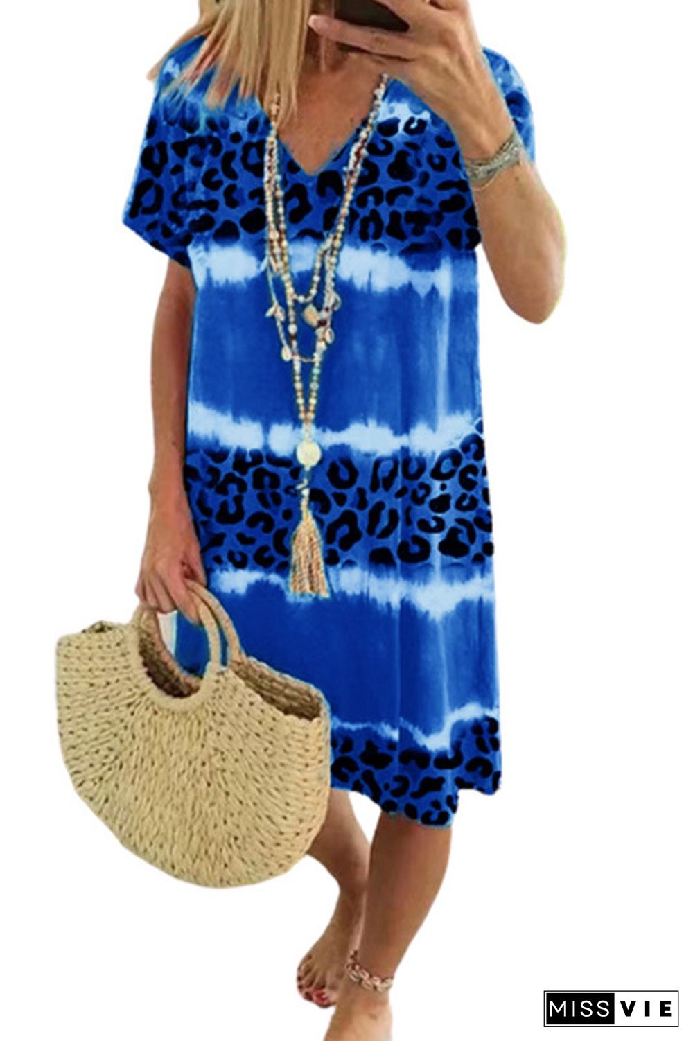 Blue Tie Dye Leopard Print T-Shirt Dress