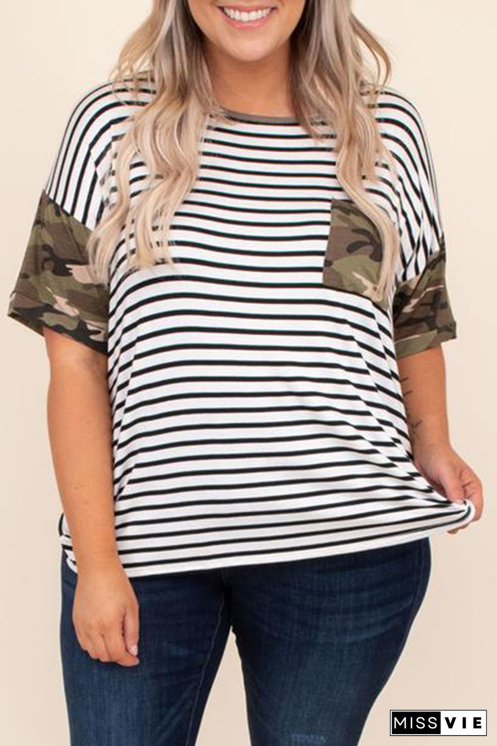 Camo Splicing Striped Plus Size Top