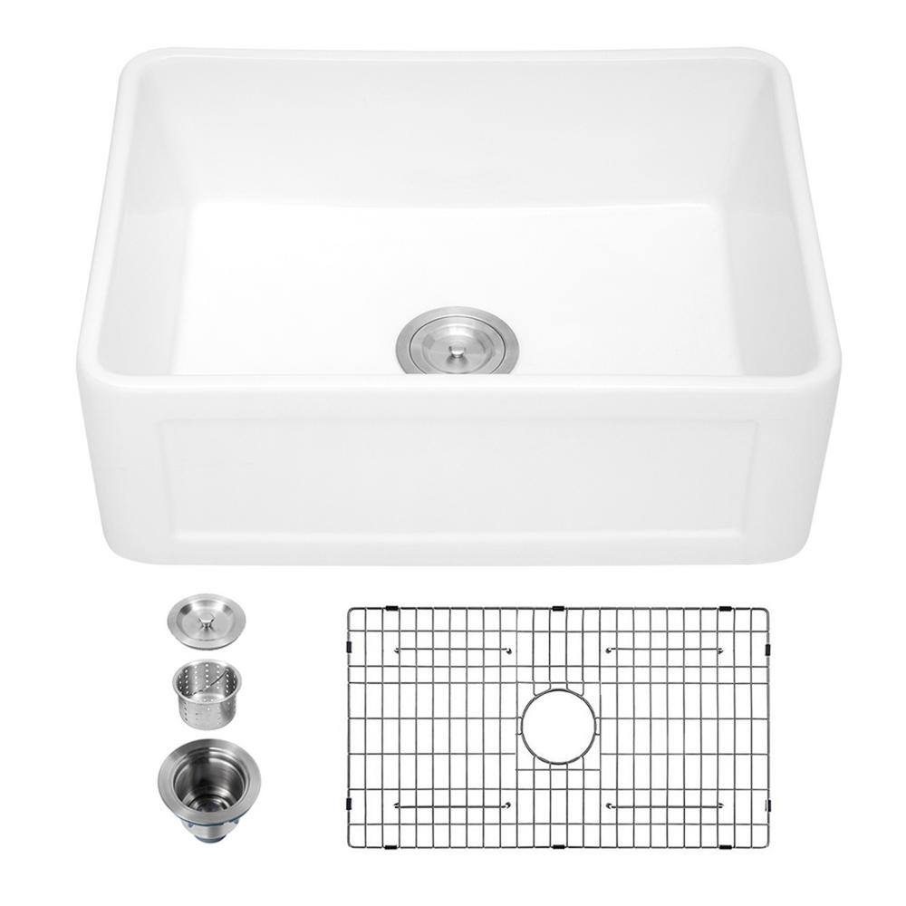 LORDEAR White Fireclay 24 in. Single Bowl Farmhouse Apron Kitchen Sink with Bottom Grid LD-LAW2418R1