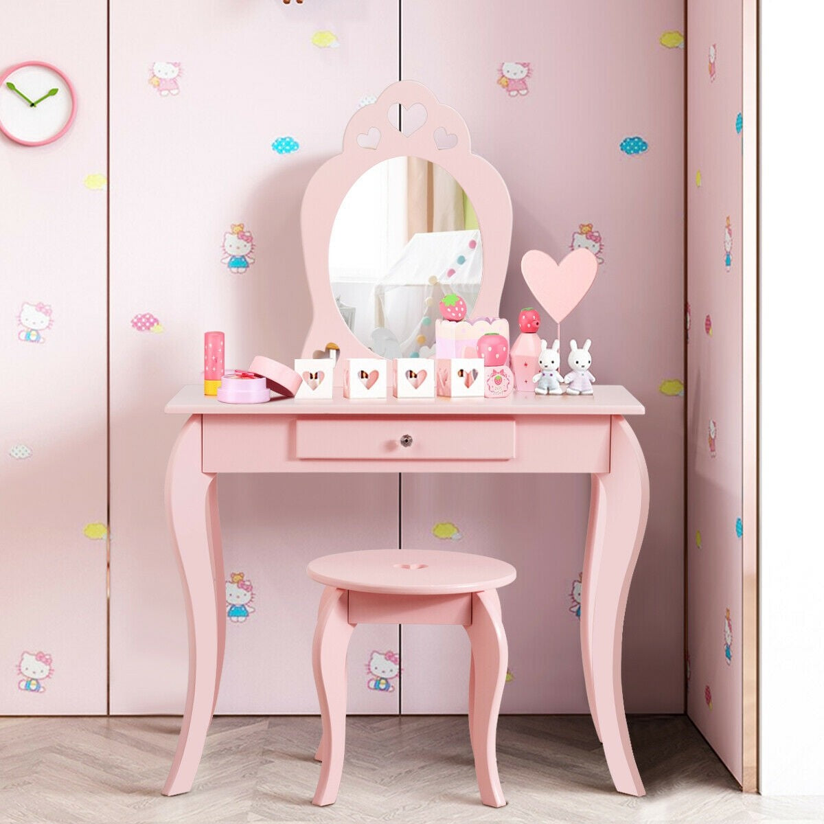 Costzon Kids Vanity Table, 2 in 1 Detachable Design with Dressing Table and Writing Desk