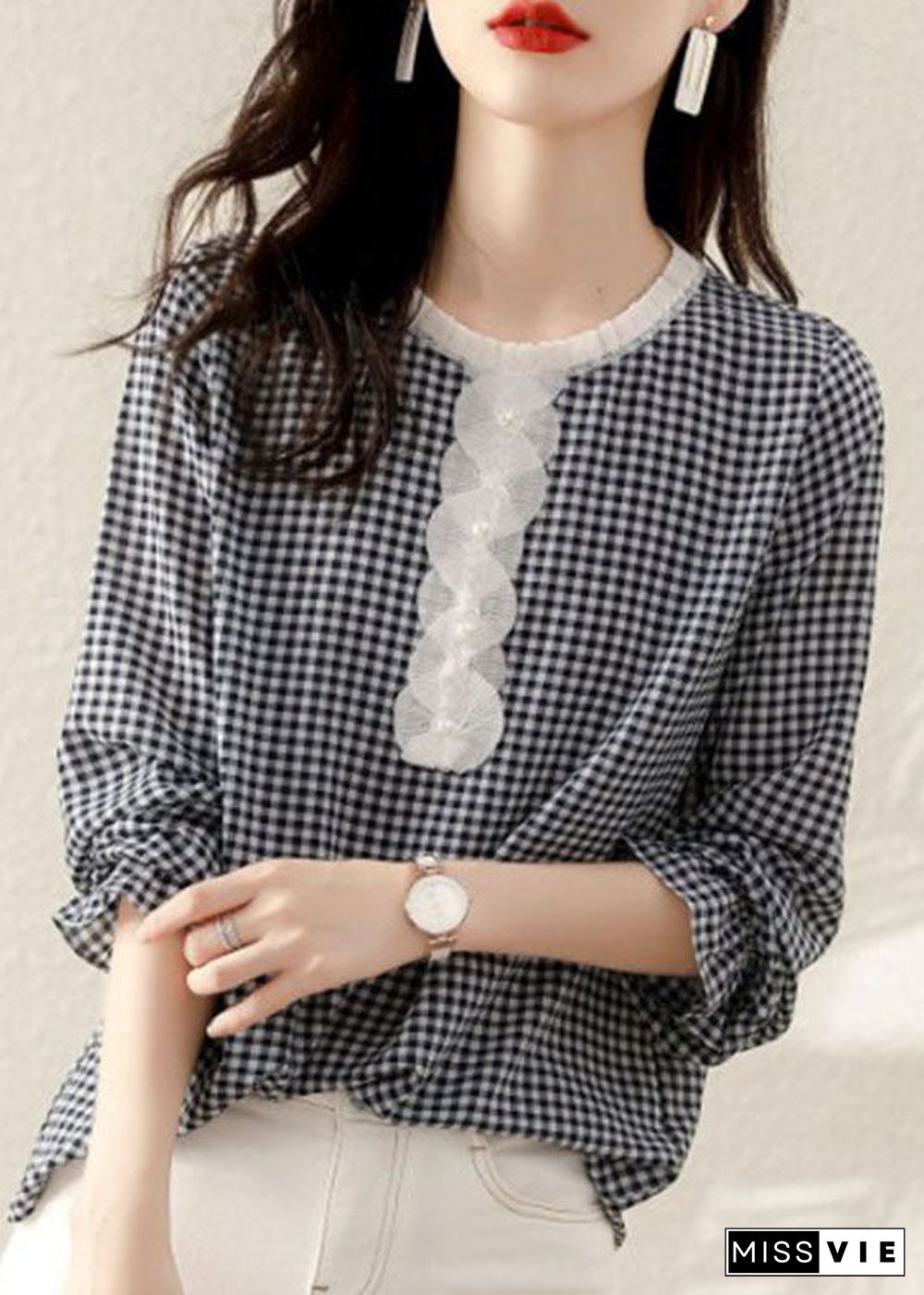 French Black Ruffled Plaid Cotton Shirt Spring