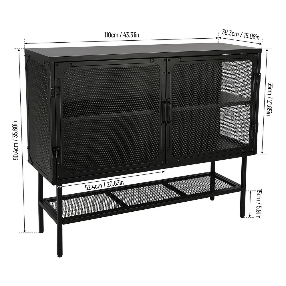 43 inch wide Industrial Metal Sideboard Storage Cabinet Buffet Cabinet with Double Mesh Doors and Open Shelf for living room