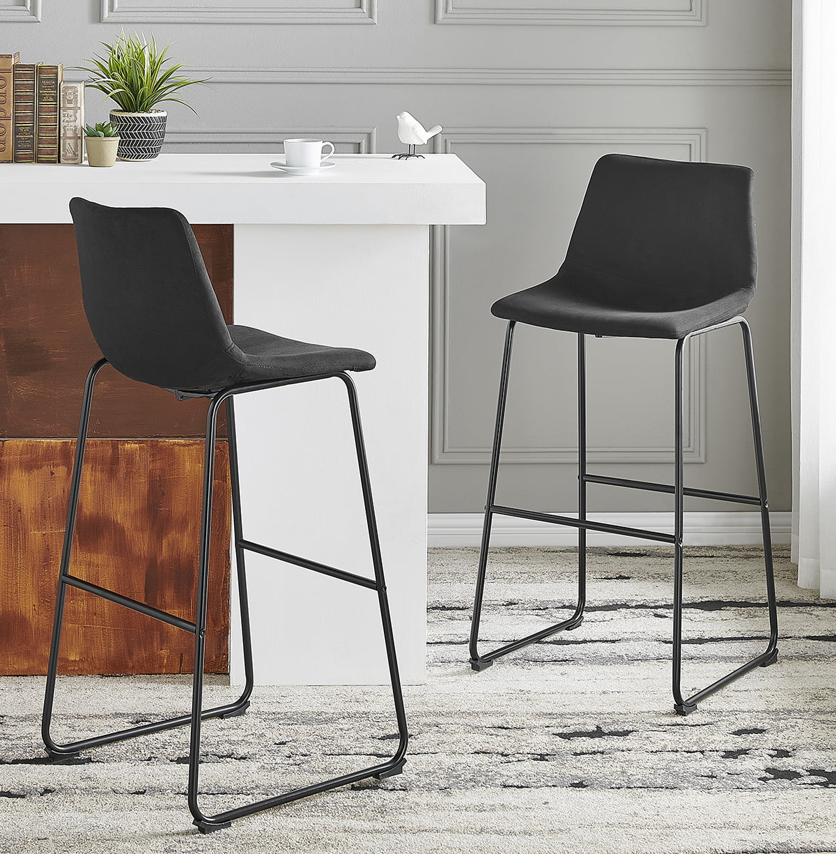 Modern 2-Pieces Bar Stool Chairs Counter Height with Backrest Footrest， Black