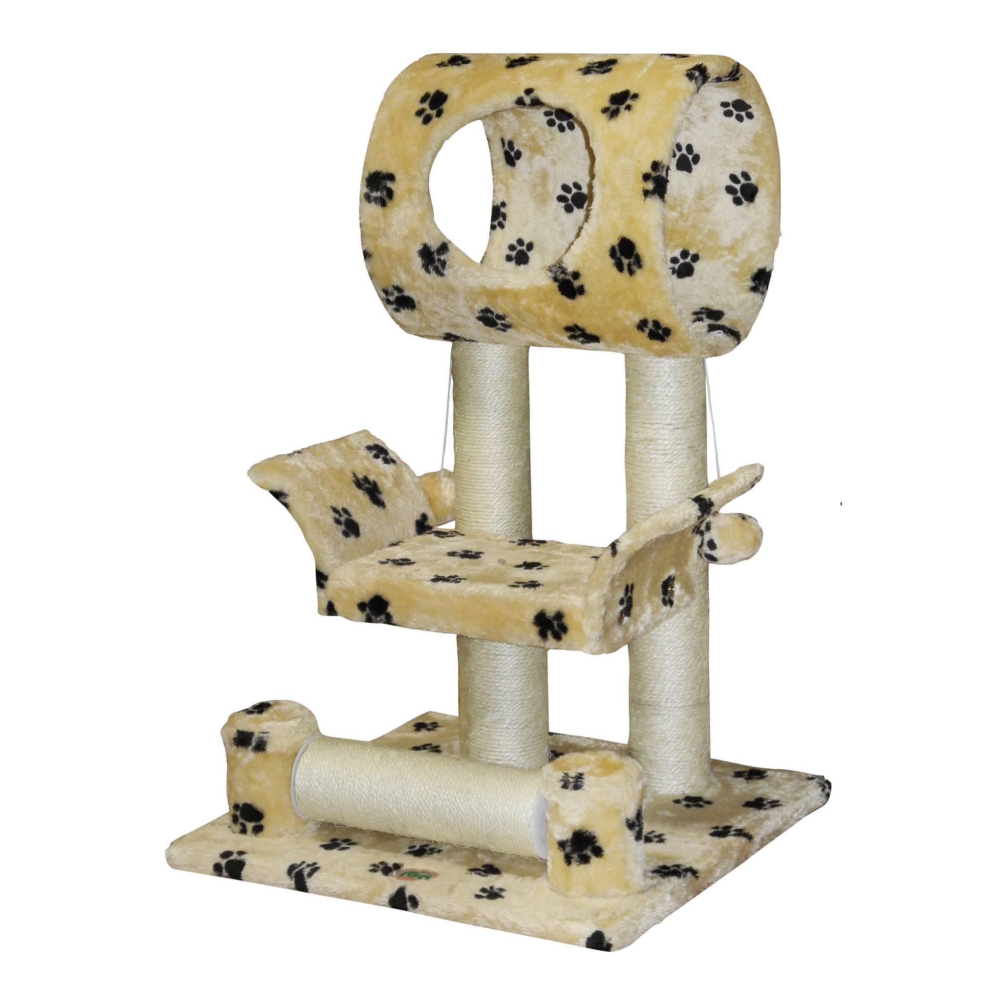 Go Pet Club Paw Print Cat Tree Scratcher Condo with Sisal Covered Toys， 28 H