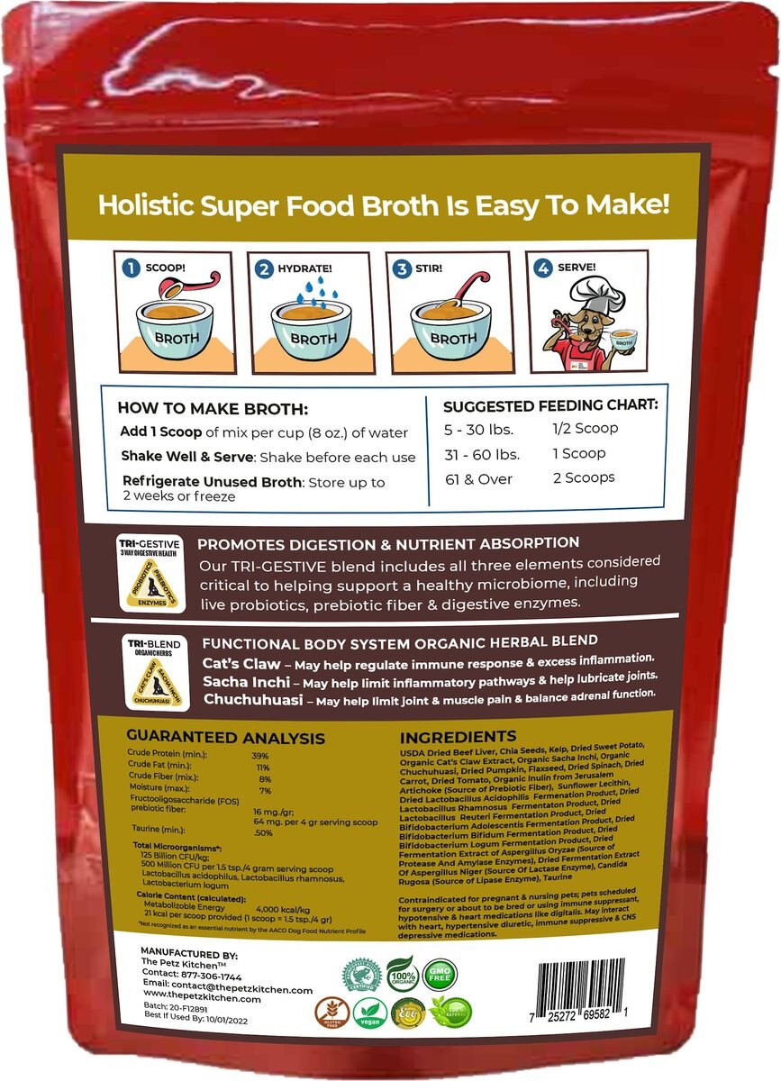 The Petz Kitchen Holistic Super Food Broth Joint Support Concentrate Powder Beef Flavor Dog and Cat Supplement， 4.5-oz bag