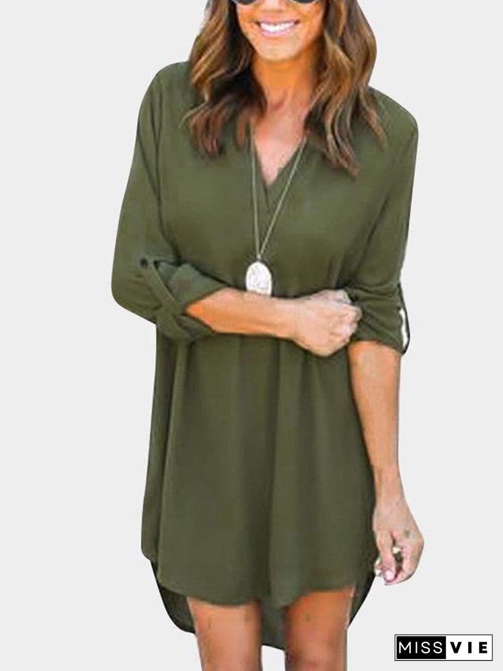 Forestgreen V-Neck Long Sleeves Irregular Hem Chiffon Dress